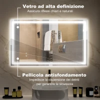HOMCOM Specchio per Bagno con Luci LED Regolabili a 3 Colori e Strato Antiurto, in Vetro e Metallo, 100x3x60 cm(m-6)