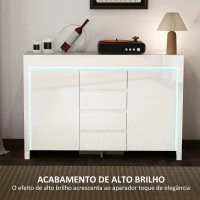 HOMCOM Aparador Sala de Estar com Luzes LED 4 Gavetas Prateleiras Ajustáveis e Controlo Remoto 120x34x80 cm Branco Brilhante(m-5)