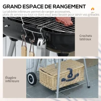 Outsunny Barbecue à charbon BBQ avec 2 roues, ustensiles, couvercle et étagère dim. 56L x 62l x 82H cm - métal émaillé noir(m-5)