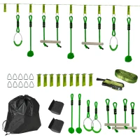 AIYAPLAY 7-Piece Kids Zip Line Kit for Garden, 10m Kids Slackline Kit with Wooden Monkey Bars, Metal Rings, Gripping Balls, Green(m-11)