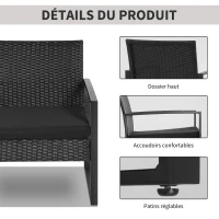 Outsunny Salon de jardin 2 places 3 pièces 2 chaises avec coussins + table basse plateau verre trempé résine tressée 4 fils imitation rotin noir(m-7)