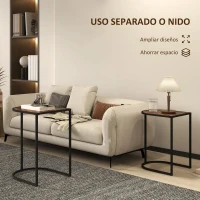 HOMCOM Mesas Auxiliares para Salón Mesas Nido de 2 Piezas con Marco de Acero para Dormitorio Sala de Estar Marrón Rústico(m-4)
