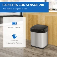 HOMCOM Papelera de Cocina 20L con Sensor Infrarrojo Apertura Automática y Cubo Interior Extraíble 33x25x42,5 cm Plata y Negro(m-6)