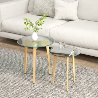HOMCOM Set de 2 Mesas Auxiliares Modernas de Ø50x45 cm y Ø40x40 cm con Encimera de Vidrio Templado y Estructura de Acero(m-6)