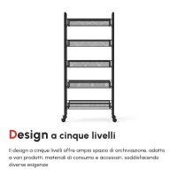 HOMCOM Carrello da Cucina Salvaspazio a 5 Livelli con Cestini a Rete in Acciaio, 45x26.5x106cm, Nero(m-4)