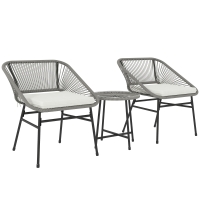Outsunny 3-teiliges Outdoor-Möbelset, 1 Tisch, 2 Stühle, Rattan-Geflecht, Stahlrahmen, Kaffeetisch mit Glasplatte, Dunkelgrau