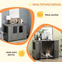 PawHut Jaula para Perros Grandes 2 en 1 Mesa Auxiliar con Puertas con Pestillo Ventanas y Patas Ajustables 114x60x82 cm Gris(m-5)