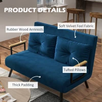 HOMCOM 2-Seater Convertible Sofa Bed with Adjustable 5-Level Backrest and 2 Padded Cushions, Velvet-like Fabric, Blue(m-6)
