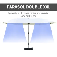 Outsunny Parasol de jardin exterieur parasol double rectangulaire 4,6L x 2,7l x 2,4H m avec ouverture fermeture manivelle, sacs de lestage et base inclus, pour balcon, piscine, beige(m-4)