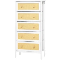HOMCOM Cómoda de Dormitorio de Estilo Cannage Bohemio con 5 Cajones de Tela Plegables para Entrada Salón 62x30x126,5 cm Blanco(m-11)