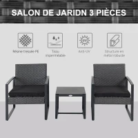 Outsunny Salon de jardin 2 places 3 pièces 2 chaises avec coussins + table basse plateau verre trempé résine tressée 4 fils imitation rotin gris(m-4)