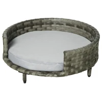 PawHut Sofá para Perros de Ratán Sintético Redonda con Cojín Impermeable y Lavable para Interior y Exterior Ø60x20 cm Gris(m-11)
