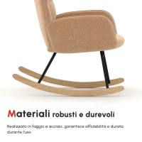 HOMCOM Poltrona a Dondolo Imbottita in Legno e Acciaio con Rivestimento Bouclé, 71x98x101 cm, Marrone(m-6)