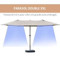 Outsunny Parasol de jardin exterieur parasol double rectangulaire 4,6L x 2,7l x 2,4H m avec ouverture fermeture manivelle, sacs de lestage et base inclus, pour balcon, piscine, gris clair(m-4)