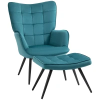 HOMCOM Fauteuil relax avec repose-pieds assorti style scandinave piètement métal noir revêtement aspect velours - Bleu(m-1)