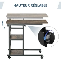 HOMCOM Table d'appoint Bout de canapé Table roulante Table de Lit pour Ordinateur Portable Hauteur réglable - 2 étagères intégrées - cadre métal Marron(m-6)