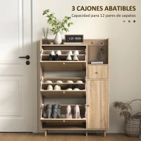 HOMCOM Zapatero con 3 Cajones Abatibles con Frentes de Ratán Cajón y Armario para Decoraciones y Llaves 80x23x120 cm Roble(m-4)