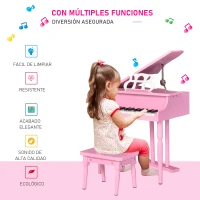 HOMCOM Piano de Cola Infantil de MDF con 30 Teclas Taburete y Atril de Partituras Piano para Niños Instrumento Musical Didáctico 52x50x49 cm Rosa(m-6)