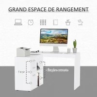 HOMCOM Bureau d'angle bureau droit modulable table de salle à manger 2 en 1 bureau informatique tiroirs x 3 + 2 niches MDF blanc(m-4)
