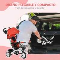 HOMCOM Triciclo para Bebés Plegable Triciclo Evolutivo 2 en 1 para Niños con Toldo Plegable Cestas y Cinturón de Seguridad Rojo(m-5)