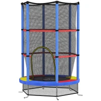 HOMCOM Trampolina dziecięca, siatka bezpieczeństwa, sprężyny gumowe, do 45 kg, rama stalowa, Ø140x160cm, Kolorowa(m-1)