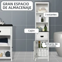kleankin Columna de Baño con 3 Estantes de Almacenaje Puerta y Cajón para Ducha Aseo Dormitorio 40x30x160 cm Blanco(m-4)