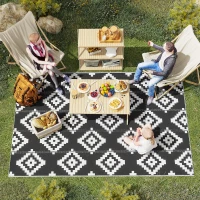 Outsunny Tappeto Esterno per Balcone e Terrazza Reversibile con Fantasia Geometrica, 2.74x1.82 m, Nero e Bianco(m-9)