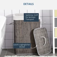 HOMCOM Kosz na bieliznę z uchwytami i pralnym workiem, Rattan, Poliester, Bawełna, Metal, 43L x 32S x 61W cm, Szary(m-5)