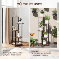 Outsunny Soporte para Plantas de Madera y Acero de 3 Niveles con 5 Estantes Cuadradas y 4 Ruedas 59x59x110 cm Carbonizado(m-7)