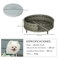 PawHut Sofá para Perros de Ratán Sintético Redonda con Cojín Impermeable y Lavable para Interior y Exterior Ø60x20 cm Gris(m-3)