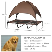 PawHut Cama Elevada para Mascotas con Toldo Extraíble Tela Transpirable para Interior y Exterior 122x92x108 cm Marrón(m-3)