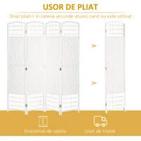 HOMCOM Paravan de Interior cu 4 Panouri Pliabile, Împletit din Sfoară de Hârtie și Lemn, 160x1,5x170 cm, Alb(m-4)