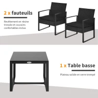 Outsunny Salon de jardin 2 places 3 pièces 2 chaises avec coussins + table basse plateau verre trempé résine tressée 4 fils imitation rotin noir(m-5)