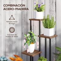 Outsunny Soporte para Plantas de Madera y Acero de 3 Niveles con 5 Estantes Cuadradas y 4 Ruedas 59x59x110 cm Carbonizado(m-6)