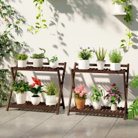 Outsunny Set 2 Portapiante a 2 Livelli con Design a Doghe in Legno di Abete, 73x36x64 cm, Marrone Bruciato(m-2)