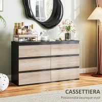 HOMCOM Cassettiera 6 Cassetti per Camera da Letto in Legno con Guide in Metallo, 120x39x75 cm, Nera e color Legno(m-4)