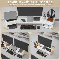 HOMCOM Elevador Monitor Ángulo y Longitud Ajustable con 2 Cajones para Portátil Computadora PC 60-116x22x12 cm Blanco(m-4)