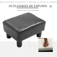 HOMCOM Reposapiés para Sofá Taburete Pequeño Tapizado en Piel Sintética Asiento de Espuma y Patas de Plástico 40x30x24 cm Negro(m-4)