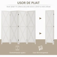 HOMCOM Paravan Interior cu 4 Panouri Pliabile din Lemn, 182x170 cm, Alb(m-4)
