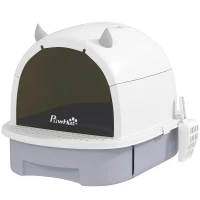 PawHut Caixa de Areia para Gatos Fechada com Tampa e Bandeja Amovíveis Filtro de Carvão e Pá 40,5x52x39 cm Branco e Cinza(m-1)