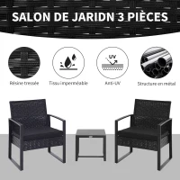 Outsunny Salon de jardin 2 places 3 pièces 2 chaises avec coussins + table basse plateau verre trempé résine tressée 4 fils imitation rotin noir(m-4)