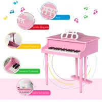 HOMCOM Piano de Cola Infantil de MDF con 30 Teclas Taburete y Atril de Partituras Piano para Niños Instrumento Musical Didáctico 52x50x49 cm Rosa(m-5)