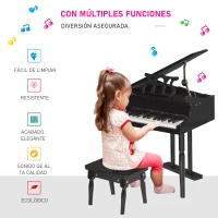 HOMCOM Piano de Cola Infantil de Madera con 30 Teclas Taburete y Atril de Partituras Piano para Niños Instrumento Musical Didáctico 52x50x49 cm Negro(m-5)