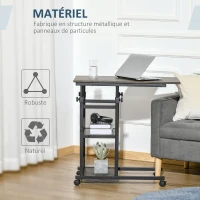 HOMCOM Table d'appoint Bout de canapé Table roulante Table de Lit pour Ordinateur Portable Hauteur réglable - 2 étagères intégrées - cadre métal Marron(m-8)