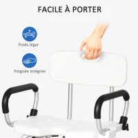 HOMCOM Chaise de douche, tabouret de douche réglable en hauteur avec dossier et accoudoirs rabattables, assise U, pieds antidérapants à ventouses, pour personnes âgées et handicapées, alu HDPE, blanc(m-8)