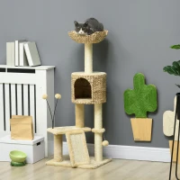 PawHut Torre para Gatos Interior 116 cm con Postes para Rascar Cama Cueva de Totora Rampa y Bolas de Juguete 45x40x116 cm Beige(m-2)