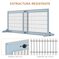 PawHut Barrera de Seguridad para Perros Extensible Barrera para Perros en Casa de Madera 104-183x36x69 cm Azul Grisáceo(m-6)