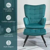 HOMCOM Fauteuil relax avec repose-pieds assorti style scandinave piètement métal noir revêtement aspect velours - Bleu(m-6)
