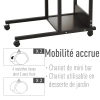 HOMCOM Table d'appoint Bout de canapé Table roulante Table de Lit pour Ordinateur Portable Hauteur réglable - 2 étagères intégrées - cadre métal Noir(m-7)