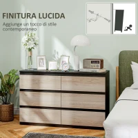 HOMCOM Cassettiera 6 Cassetti per Camera da Letto in Legno con Guide in Metallo, 120x39x75 cm, Nera e color Legno(m-6)